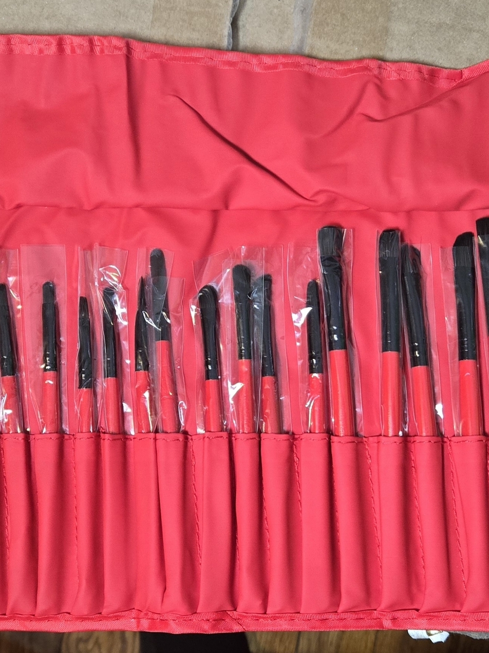 Red Makeup Brush Set with Roll-Up Case